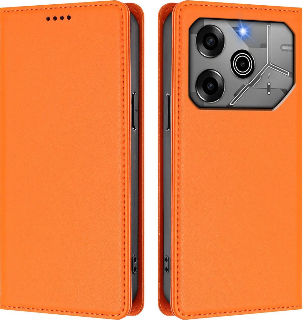 Handyhülle für Tecno Pova 6 4G, Kunstleder Klapphülle Stoßfeste Magnetische Hülle mit Ständer Orange