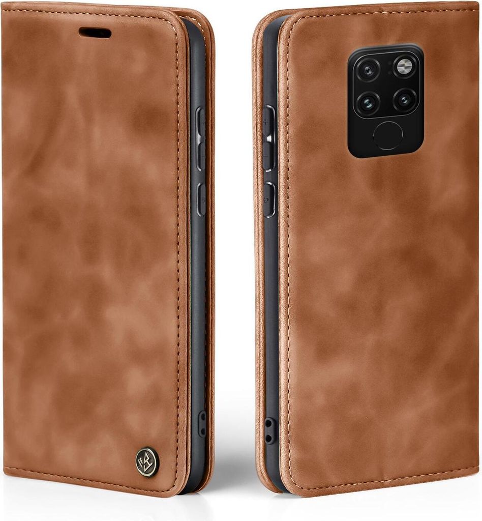 A brown leather flip case for a smartphone is shown from two angles.