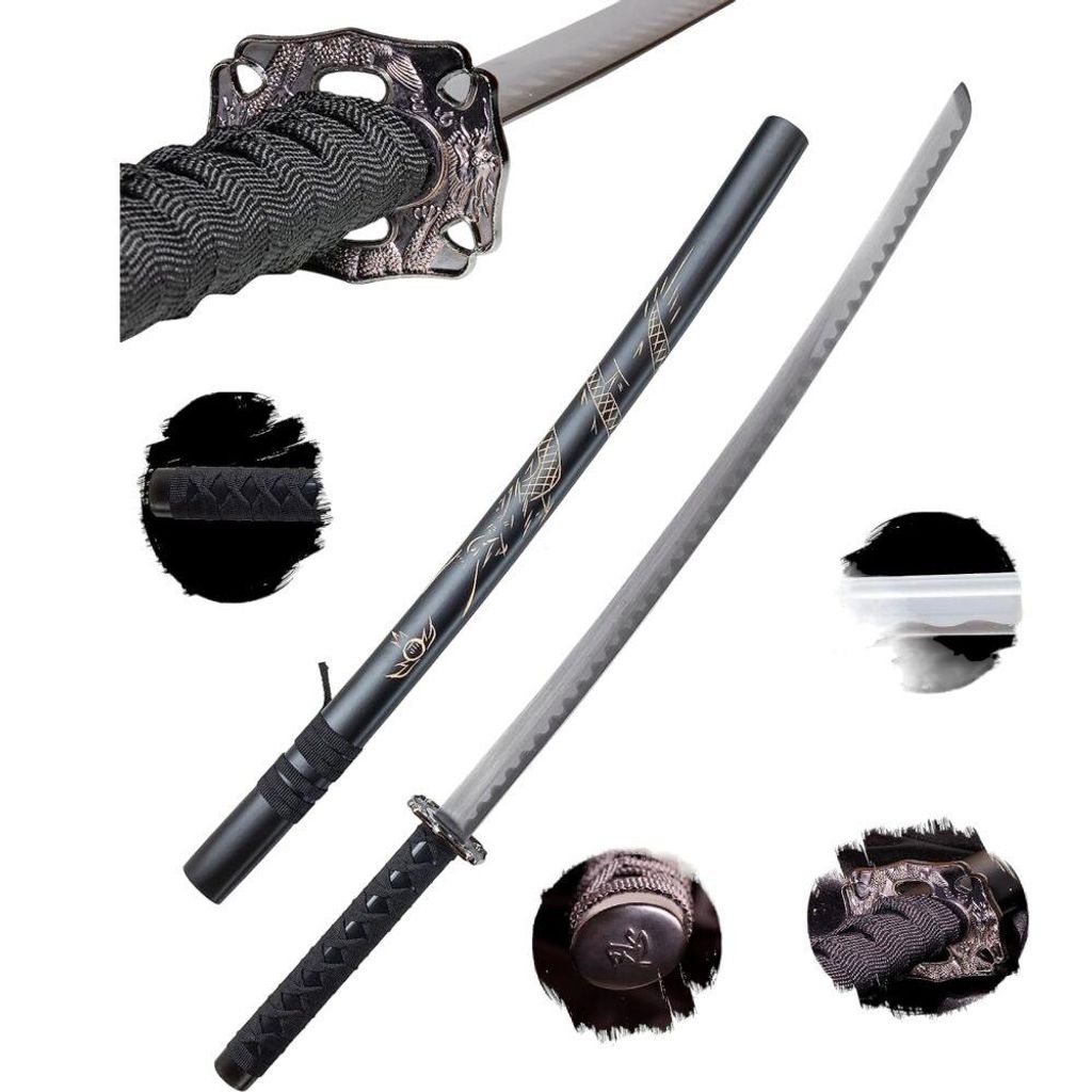 Deko Katana „Schwarzer Drache” mit Scheide + Ständer | Handgefertigtes Deko-Schwert aus Kohlenstoffstahl | 98 cm | Ungefährlich – stumpfe H...