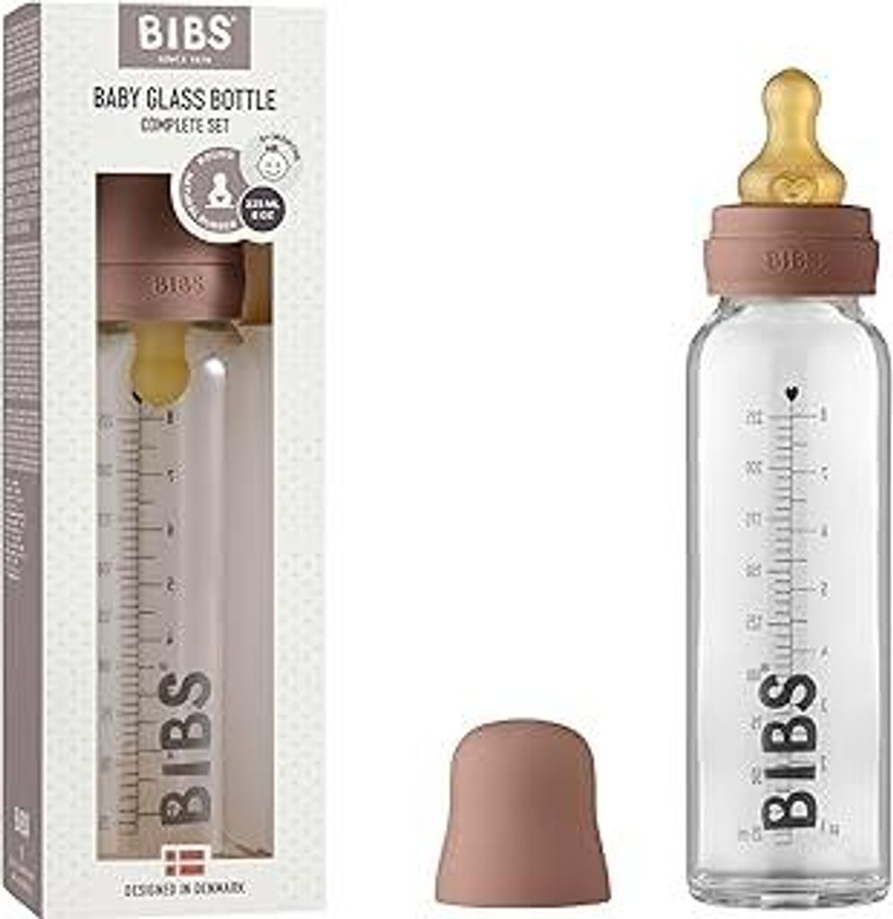 BIBS Baby Glass Bottle 225ml, Vermindert Koliken, Runder Sauger aus Naturkautschuklatex, Unterstützt das Stillen. Complete Set - 225 ml, Woodchuck