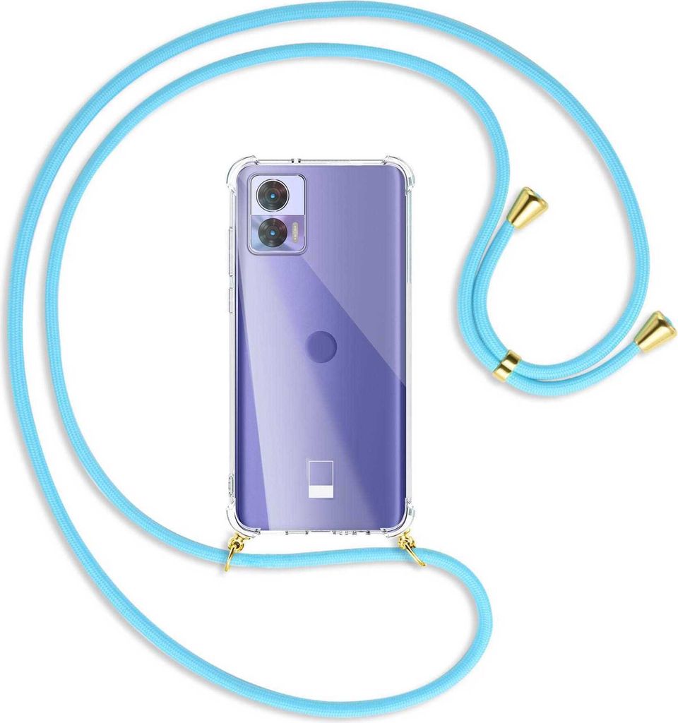 Handykette Backcover-Schutzhülle mit Band (Metall goldfarben) für Motorola Edge 30 Neo (Edge 30 Lite) - himmelblau