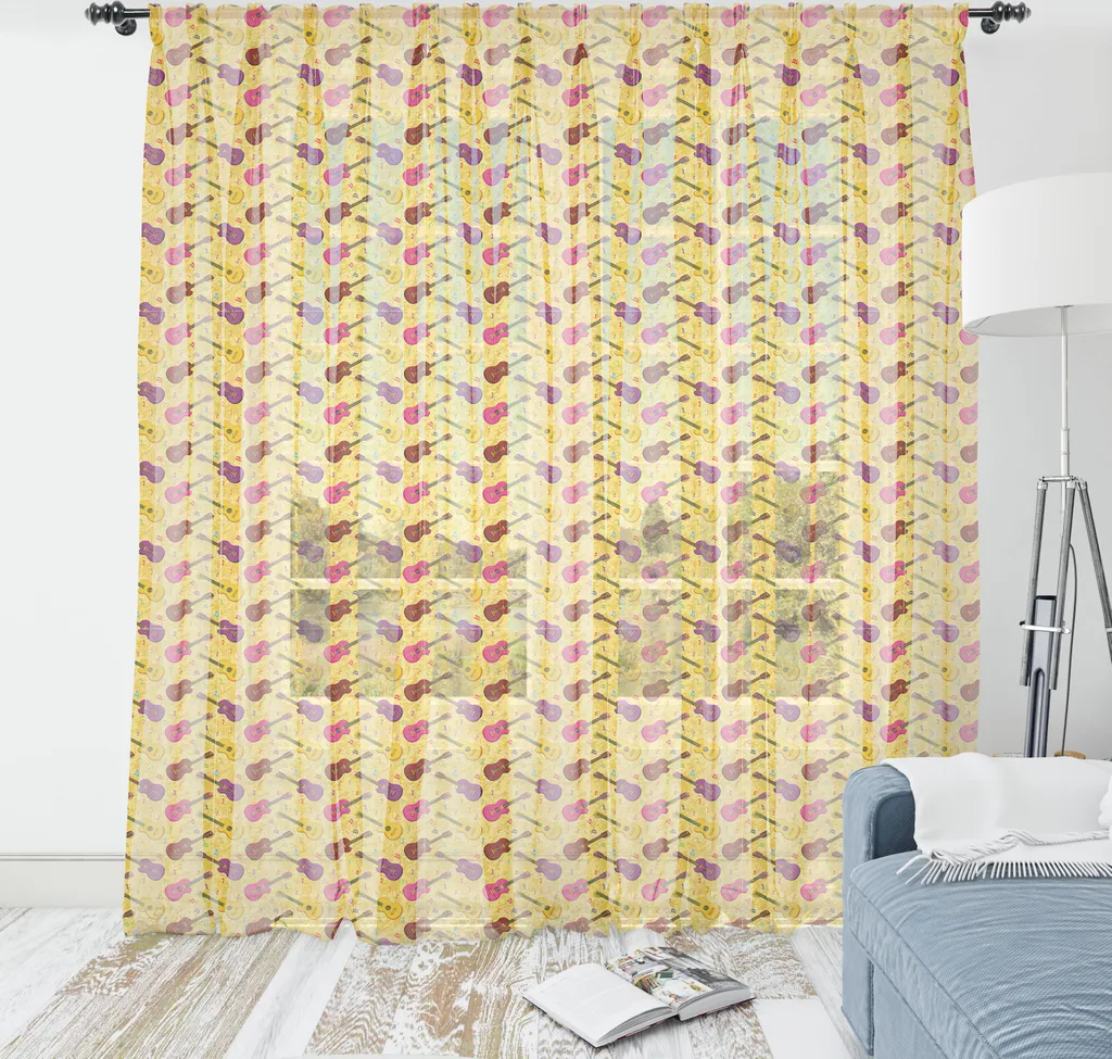 ABAKUHAUS Arazzo con chitarra, motivo ripetitivo colorato con bellissimi strumenti musicali e note, arazzo in raso setoso per soggiorno e camera da letto, 240 cm x 274 cm, senape e multicolore