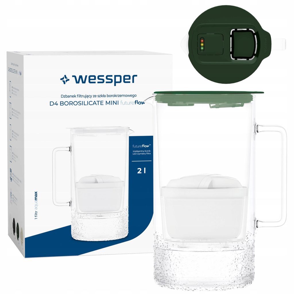 Wessper Glas Wasserfilterkanne Grün 2L mit LED Anzeige + 1 Produktbild 