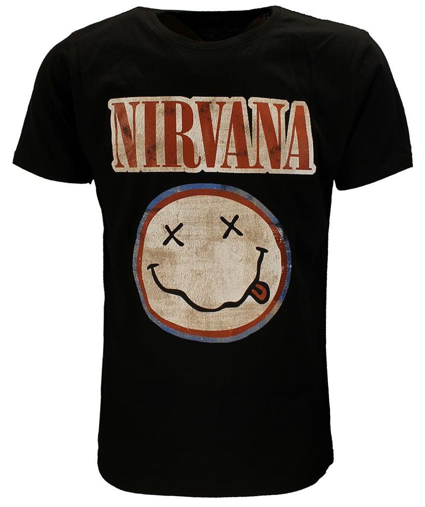 Nirvana Distressed Logo Smiley T-Shirt – Offizielles Merchandise - S