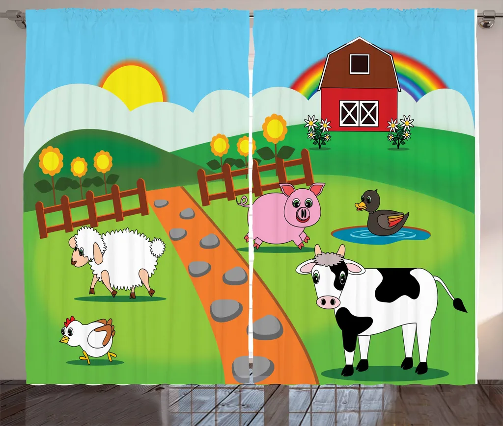 ABAKUHAUS Il bestiame Tenda rustica, Cartoon Vita in fattoria, Soggiorno Tenda universale con passanti e ganci, 280 x 175 cm, Multicolore