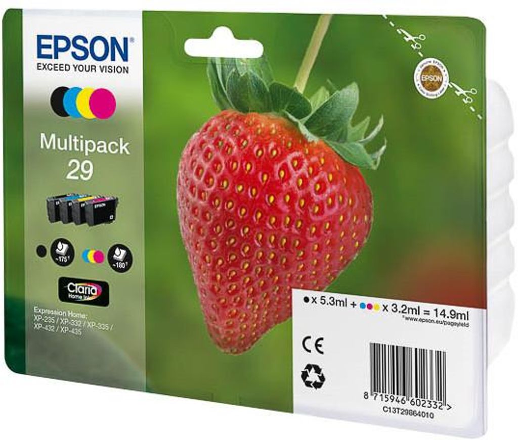 Epson Tintenpatronen-Multipack 29 „Erdbeere“ CMYK Original Claria Home Schwarz/Cyan/Magenta/Gelb Standard-Ergiebigkeit für XP-235/332/335/432/435