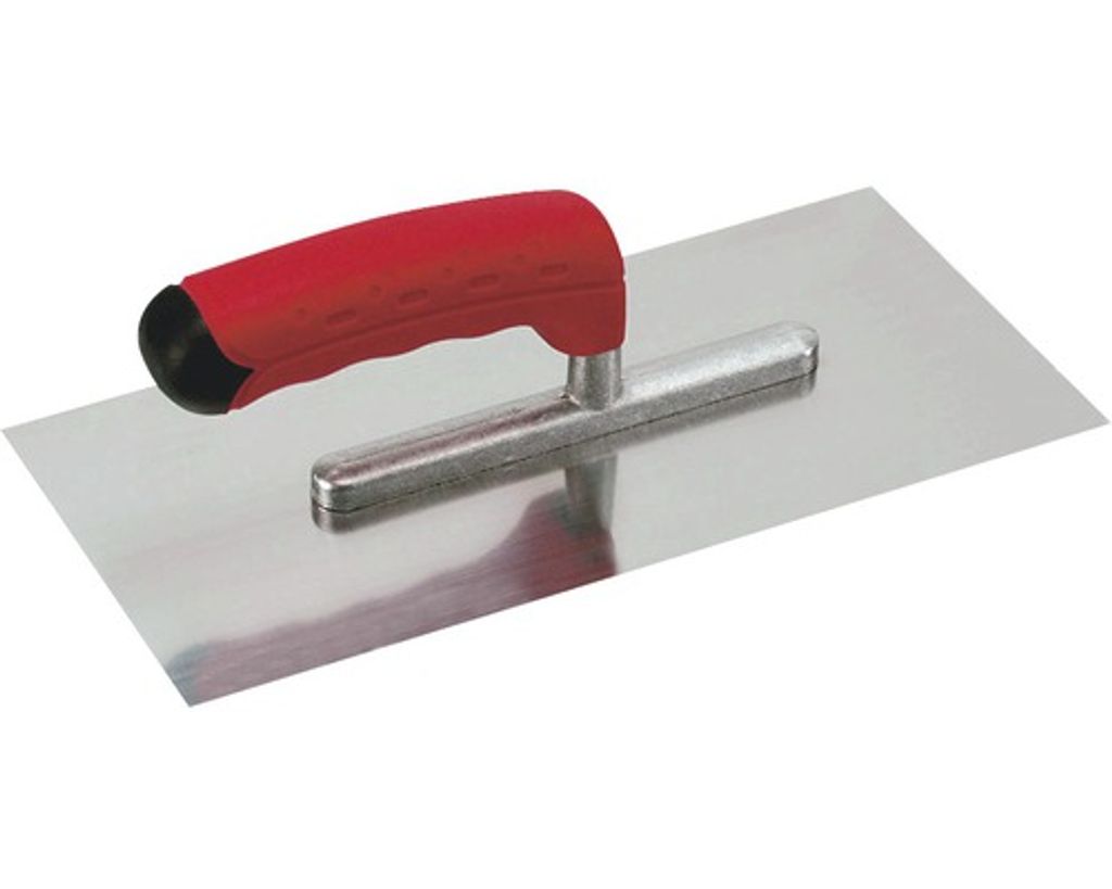 A stainless steel trowel with a red and black soft grip handle is shown on a white background.