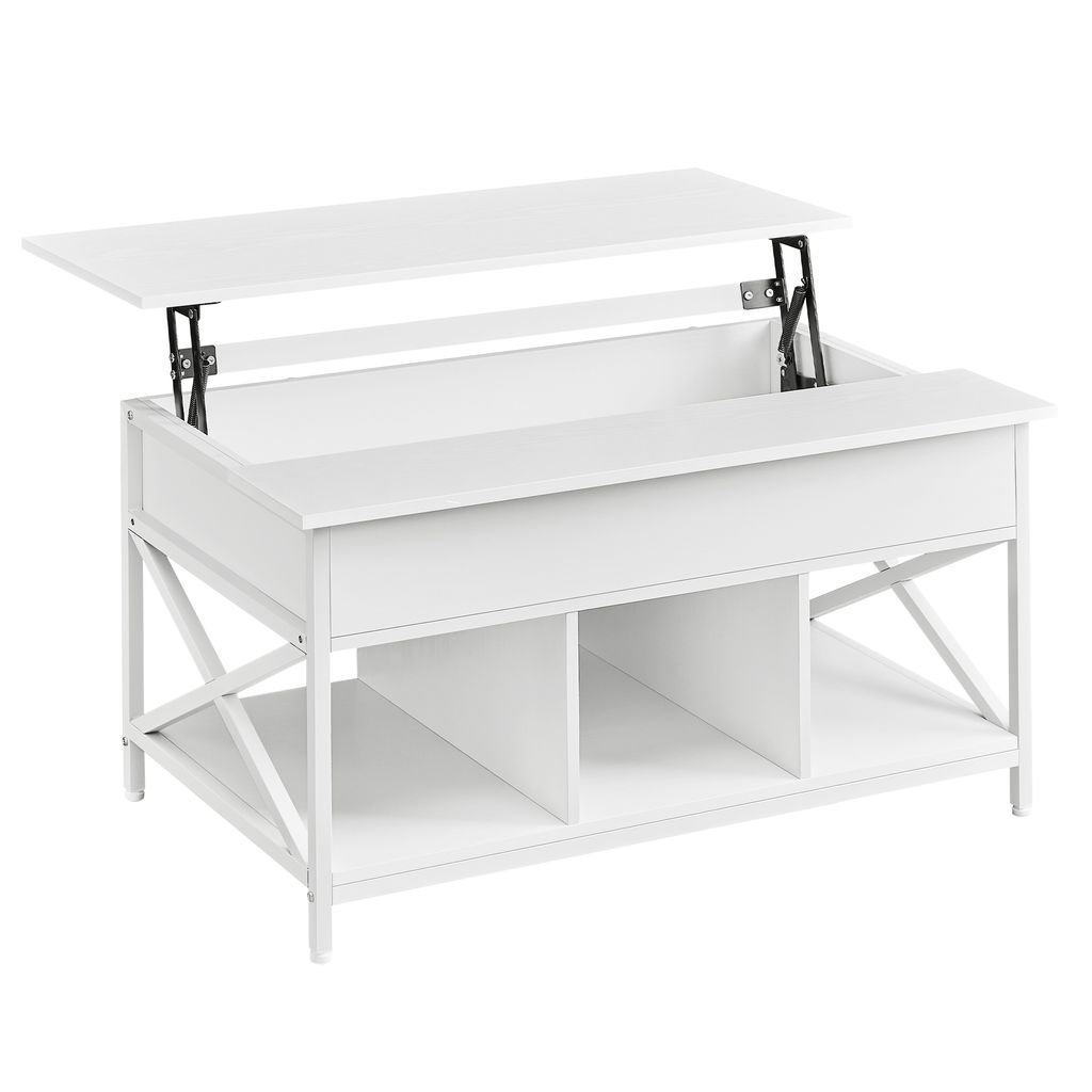 A white lift-top coffee table with storage.