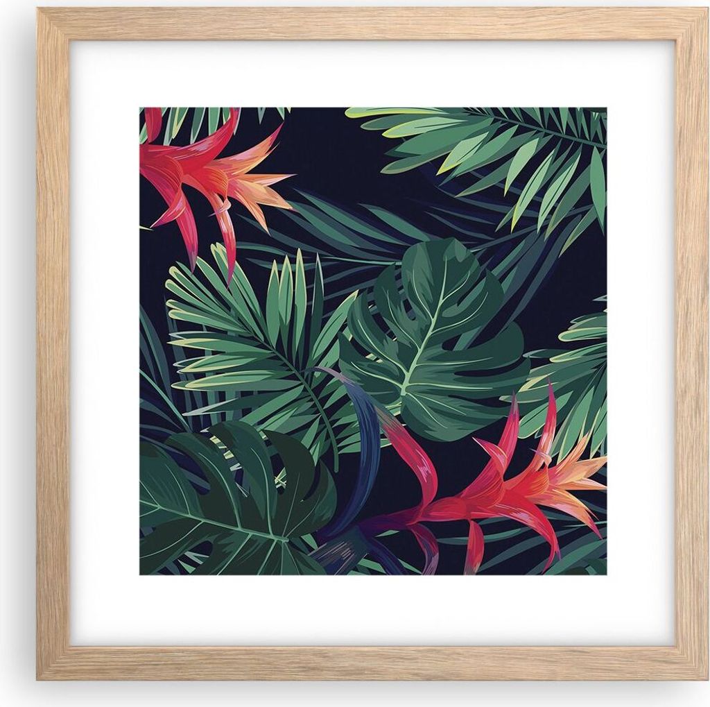 Gerahmtes Poster - Rahmen in heller Eiche - Exotisch Blumen Blätter - 30x30 cm - Wand Bild - Wanddeko - Wandbilder - Wandposter - Bilderrahmen - B...