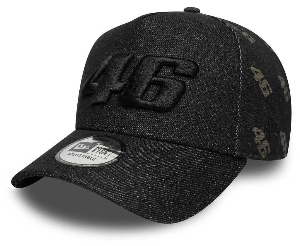 Valentino Rossi New Era Trucker Cap VR 46 Laser Etch Denim, Offizieller Fanartikel, Schwarze Cap mit gesticktem 46 und Snapback, 100% Baumwolle