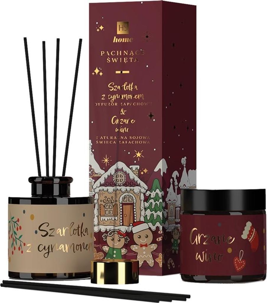 HiSkin Fragrant Weihnachtsduft Diffusor Set Apfelkuchen mit Zimt 80 ml + natürliche Sojakerze Glühwein 100 ml