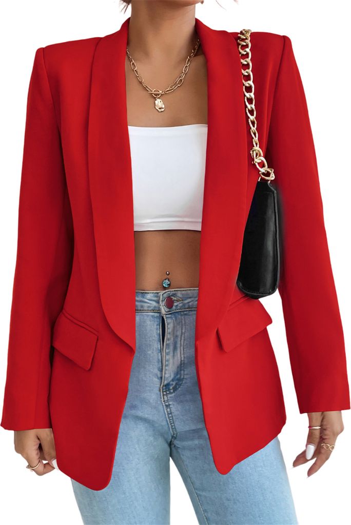 ASKSA Damen Blazer Revers Einfarbig Casual Cardigan Langarm Elegant Business Anzuege Jacke mit Tasche, Rot, M