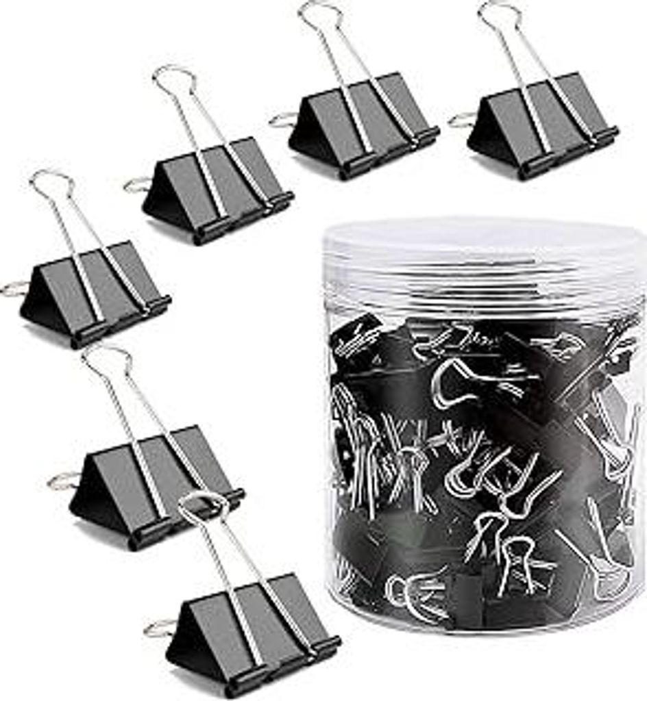 KLOUZE 100 Stück Foldback Klammern Set, Foldback Klammern 25mm Schwarze Binder Clips Metall Klammer für Büro Schul Brief Büroklammer Bürobedarf