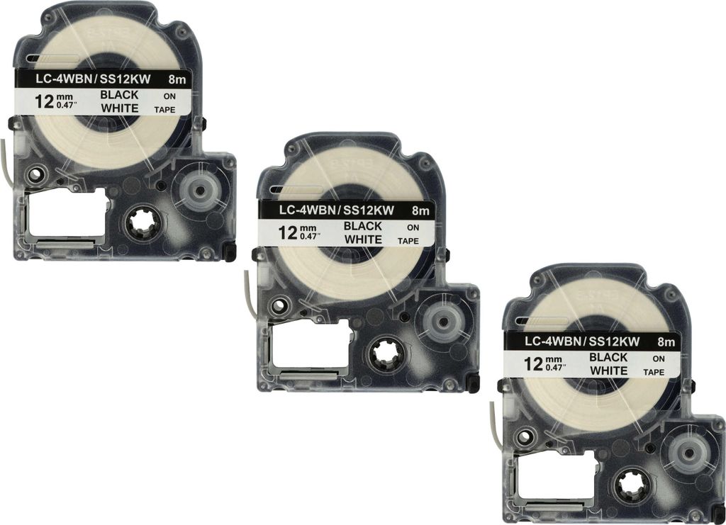 vhbw 3x Schriftband-Kassette Ersatz für Epson SS12KW, LC-4WBN für Etiketten-Drucker 8m x 12mm Schwarz auf Weiß