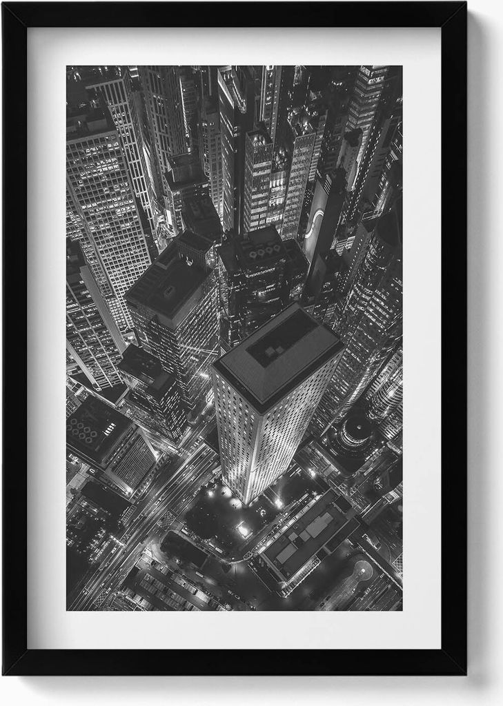 Die große Stadt bei Nacht aus der Vogelperspektive– Wandbild mit Rahmen – Gerahmtes Bild – Wanddekoration – 40x60 cm – Schwarz