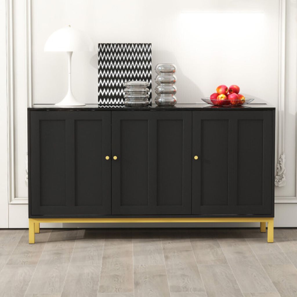 Kommode 3-türiges Sideboard mit Marmor-Tischplatte für Küche, Wohnzimmer und Esszimmer (Schwarz)