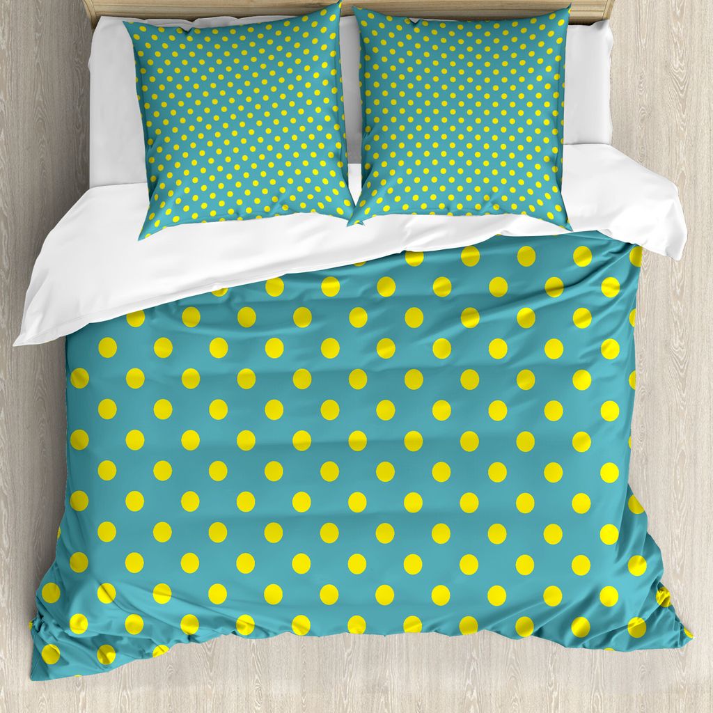ABAKUHAUS Gelb und Blau Bettbezug, nostalgische Dots, Milbensicher Allergiker geeignet mit Kissenbezügen, 200 cm x 200 cm - 80 x 80 cm, Teal Yellow
