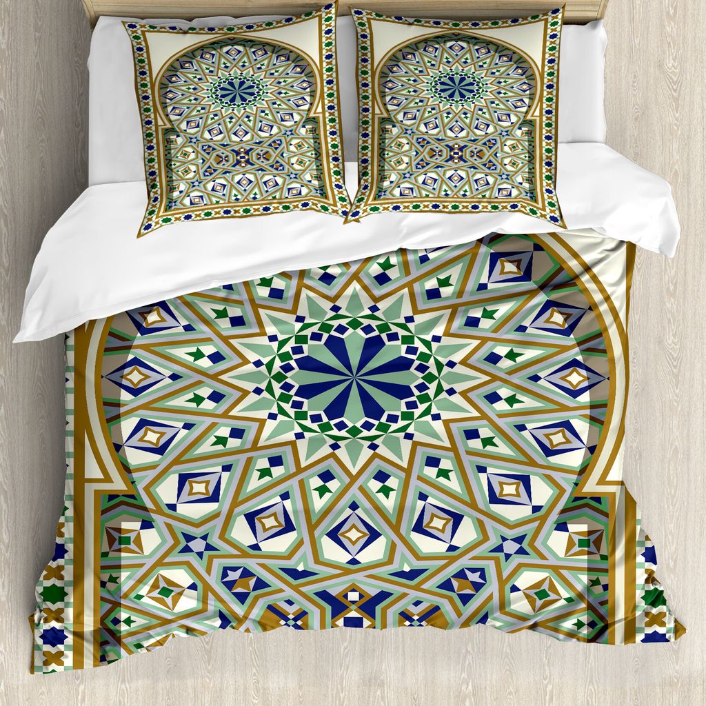 ABAKUHAUS Türkisch-Muster Bettbezug, Bogen, Milbensicher Allergiker geeignet mit Kissenbezügen, 155 cm x 220 cm - 80 x 80 cm, Caramel Grün Indigo