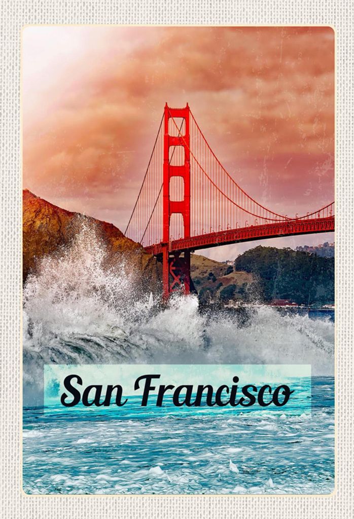 Holzschild San Francisco Golden Gate Bridge Wellen USA Wandbild