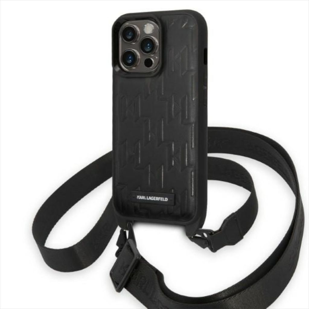 Karl Lagerfeld KLHCP14LSTMK iPhone 14 Pro 6.1 Hardcase schwarz/schwarz Monogram Plaque Logo Strap Handyhülle
