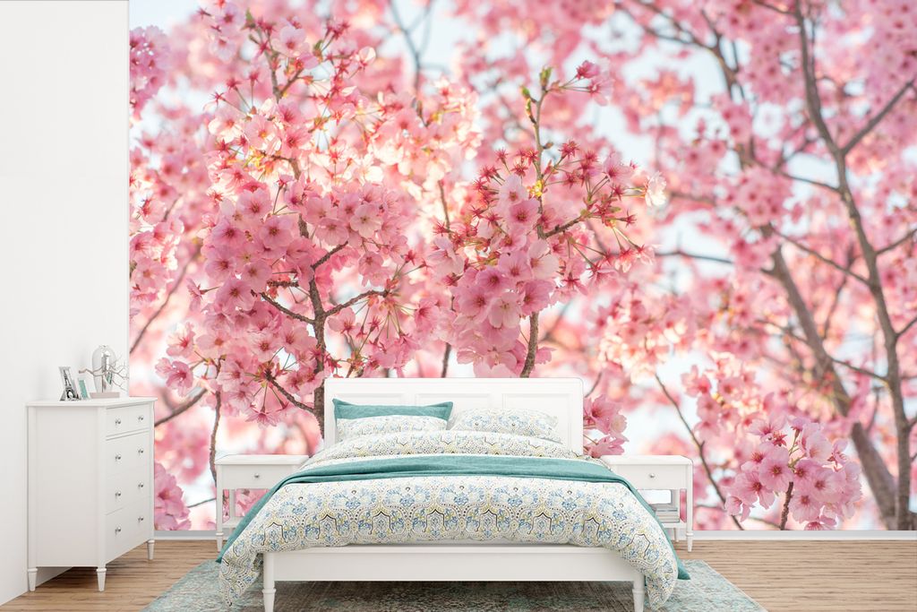MuchoWow Fototapete für Wohnzimmer oder Schlafzimmer Wandtapete Vinyl Motivtapete Kirschblüte in Japan - 450x300 cm - Gemusterte