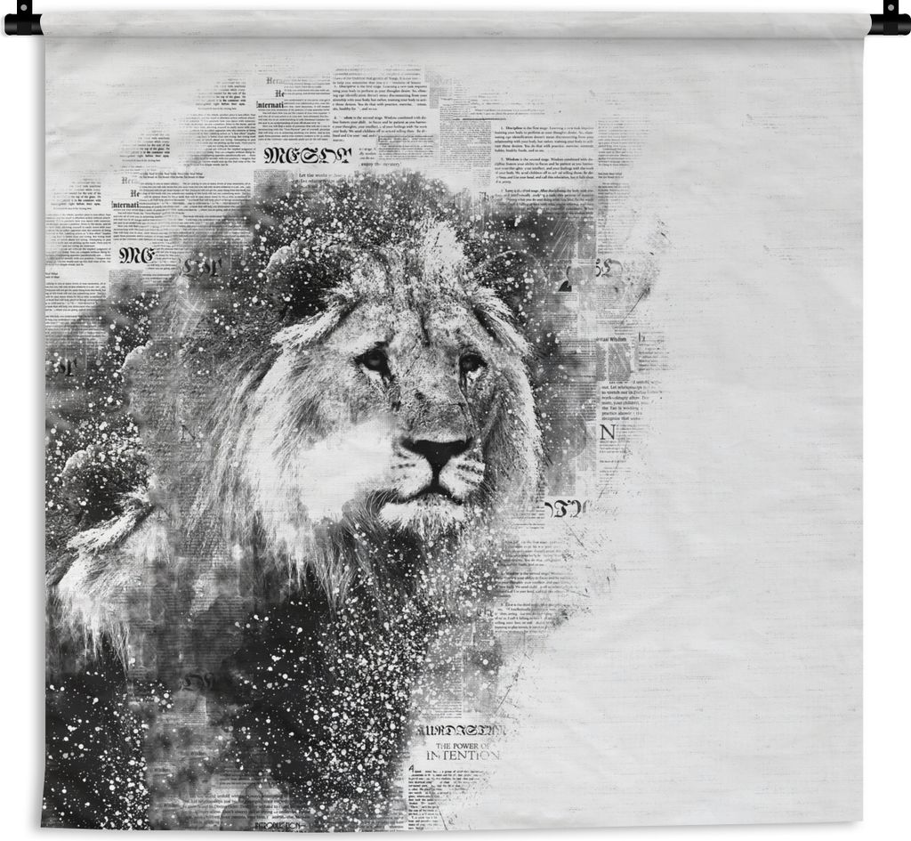 MuchoWow Wandteppich Wandbehang Löwe - Zeitung - Schwarz - Weiß 150x150 cm Tapisserie Dekoration Wandtuch - Wohnaccessoires - Modernes