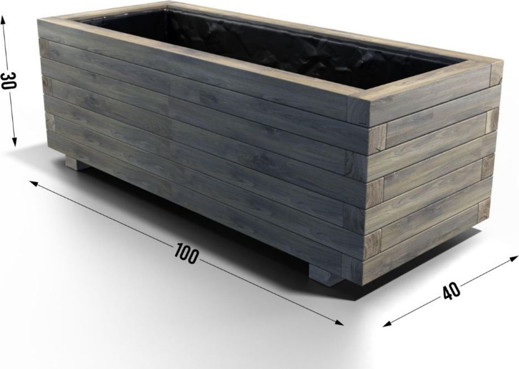 A rectangular wooden planter box with dimensions indicated. The planter is dark gray and has a black liner inside.