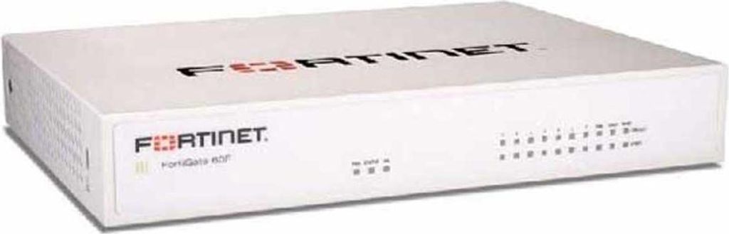 A white network device with the Fortinet logo and model name visible.