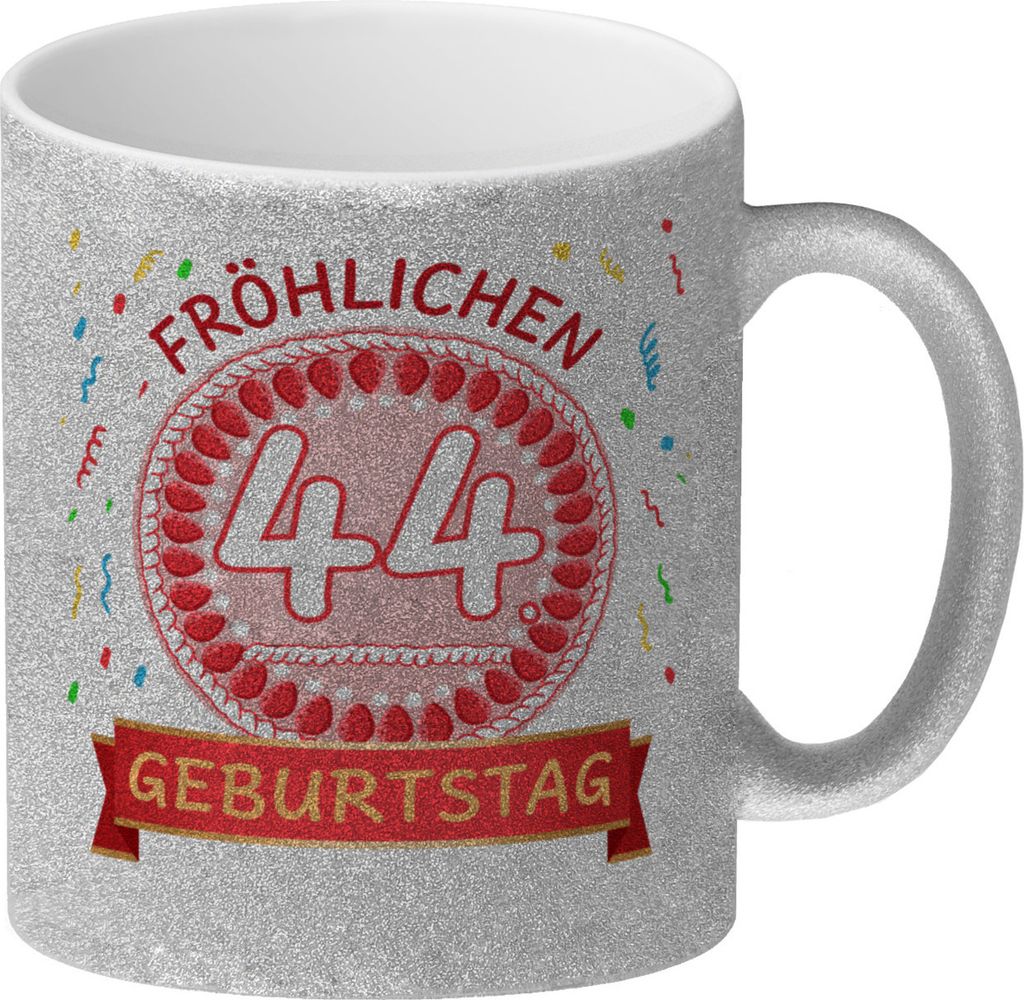 Witziger Glitzer-Kaffeebecher für den 44. Geburtstag mit Motiv: Torte