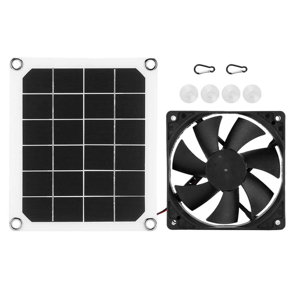 A solar panel and a fan are laid out on a white background.