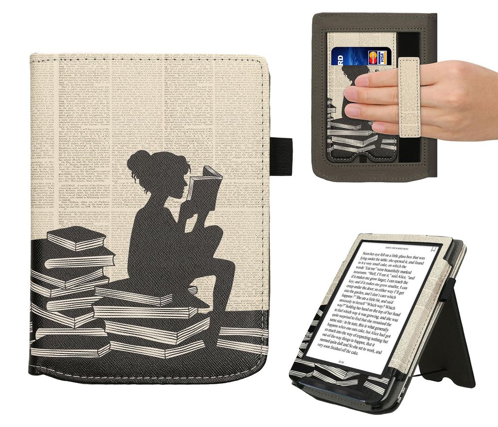 kwmobile Flip Cover kompatibel mit Pocketbook Verse / Verse Lite / Verse Pro / Color / Vivlio Light/Light HD - Hülle mit Handschlaufe Lesende Frau