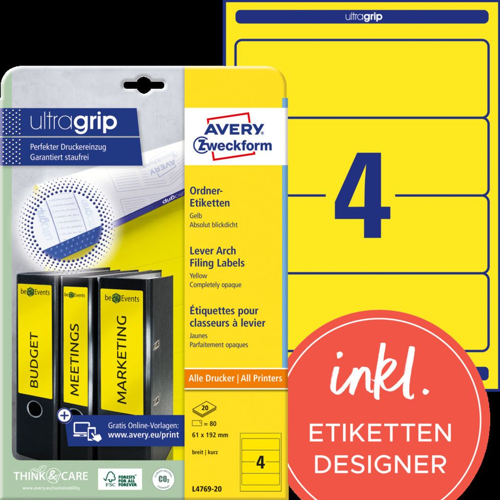Avery Zweckform L4769-20 Ordner-Etiketten, A4 mit ultragrip, 61 x 192 mm, 20 Bogen/80 Etiketten, gelb