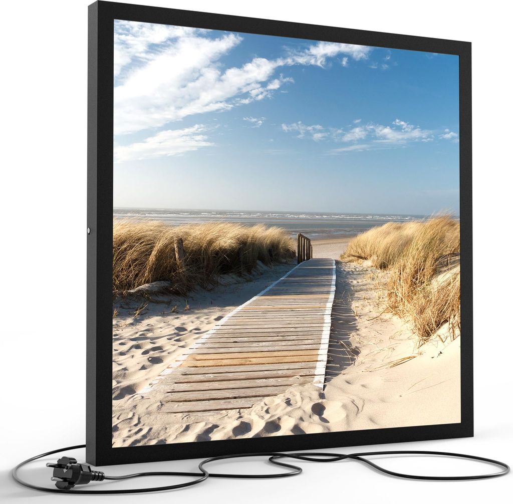 DEQORI LED-Bild & Lampe 60x60 cm Schwarz 'Strandaufgang am Meer' Leuchtbild LED Leuchte