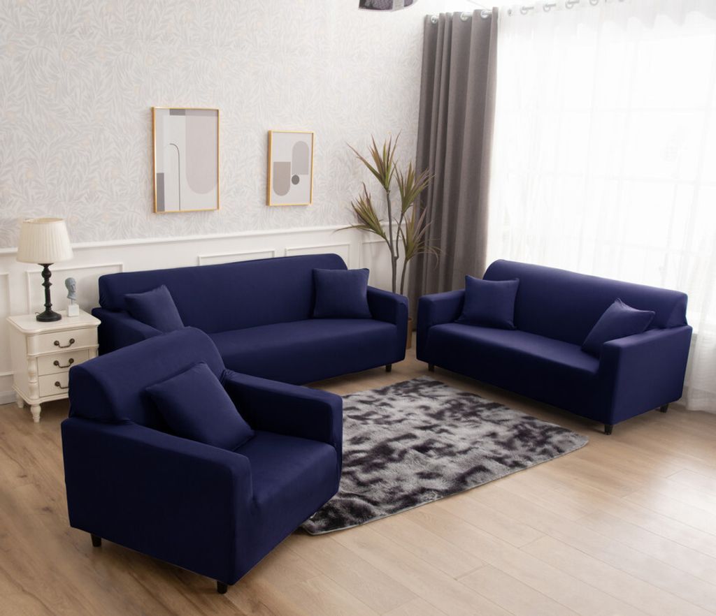 6 STÜCKE Stretch Sofabezüge Pure Color Möbel Schutzhülle 1 Dreibettzimmer 1 Doppel 1 Einzelsitz und 3 Kissenbezüge Kombination, Dunkelblau