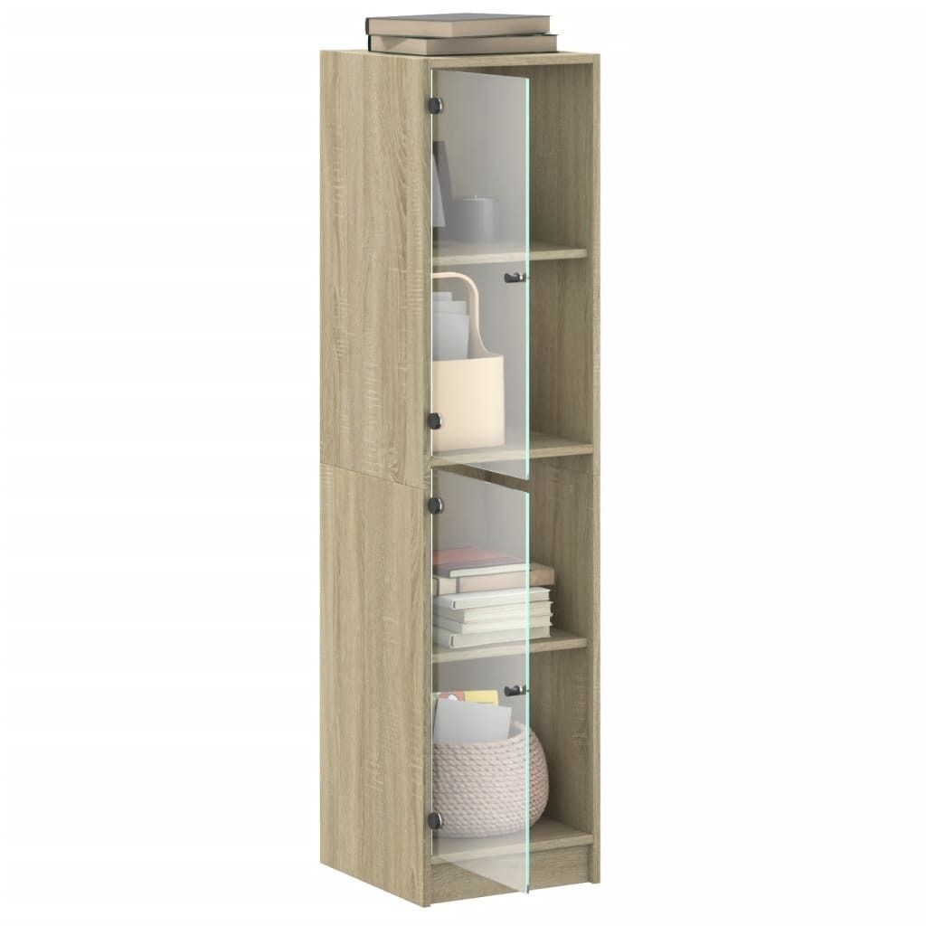 A tall, narrow highboard with glass doors and wooden shelves, displaying books and decorative items.