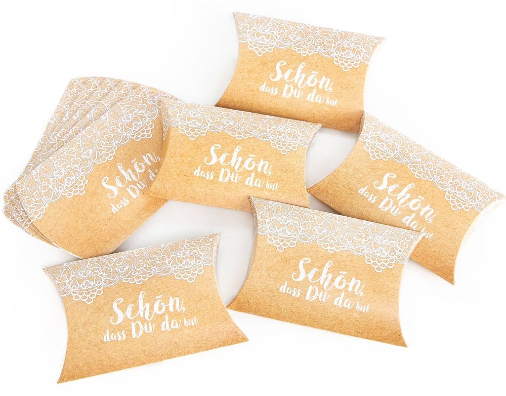 10 Stück kleine Geschenkbox Geschenkschachtel SCHÖN DASS DU DA BIST beige creme SPITZE natur hell-braun weiß 14,5 x 10,5 Verpackung Schachtel Ti...