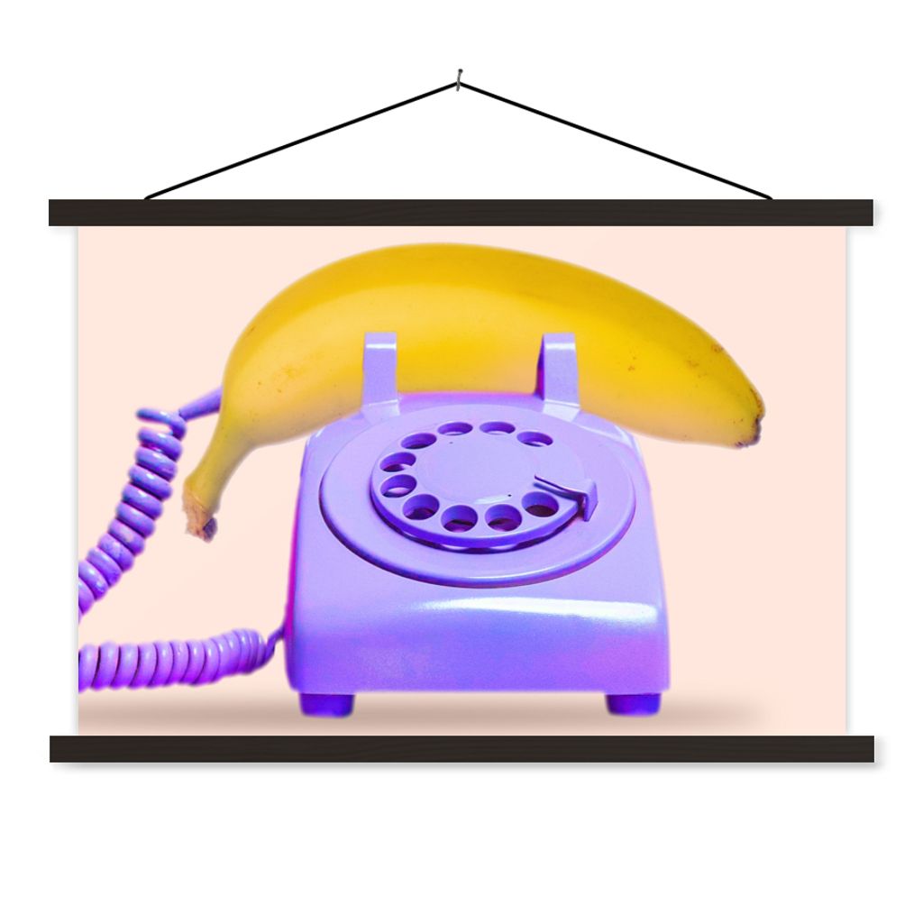 MuchoWow Textilposter Banane - Telefon - Lila - Gelb 60x40 cm mit schwarzem Rahmen - Hölzernes