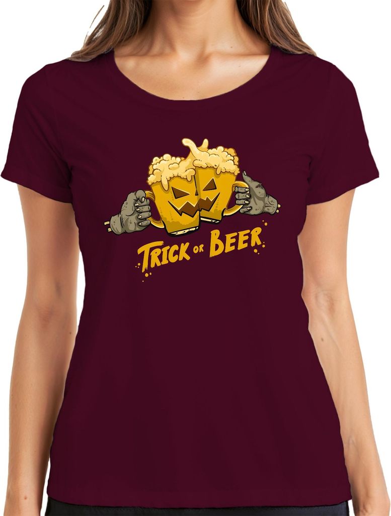 Trick or Beer Halloween Bier Kürbis Zombie Hände Prost Lustig Damen T-Shirt, Burgundy, L