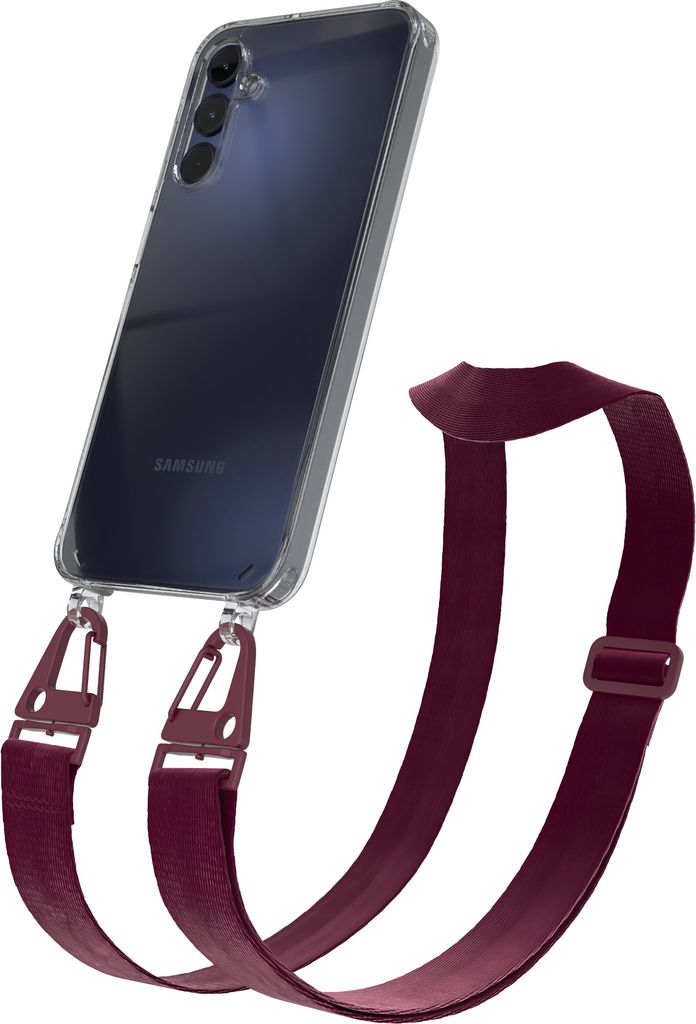 EAZY CASE - Hülle mit Band für Samsung Galaxy A15, Handyhülle mit Umhängeband, Silikonhülle transparent, Handykette in Rot