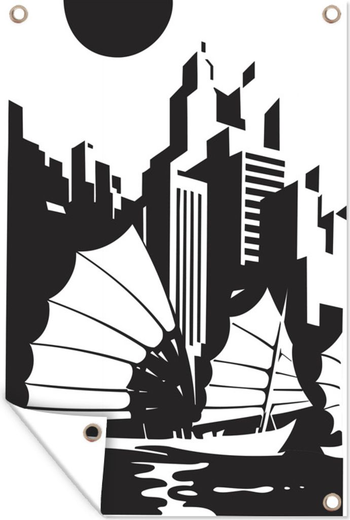 MuchoWow 80x120 cm Outdoor-Poster Gartendeko Sichtschutz Garten Poster für den Garten Eine schwarz-weiße Illustration von Hongkong mit einem Boot
