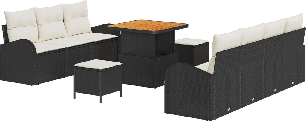 Möbel 10-teiliges Garten Sofa Set mit Kissen Schwarz Poly Rattan Akazie, 2-Sitzer Garten Sofa mit Stauraum & Kissen Schwarz Poly Rattan, 3-teilige...
