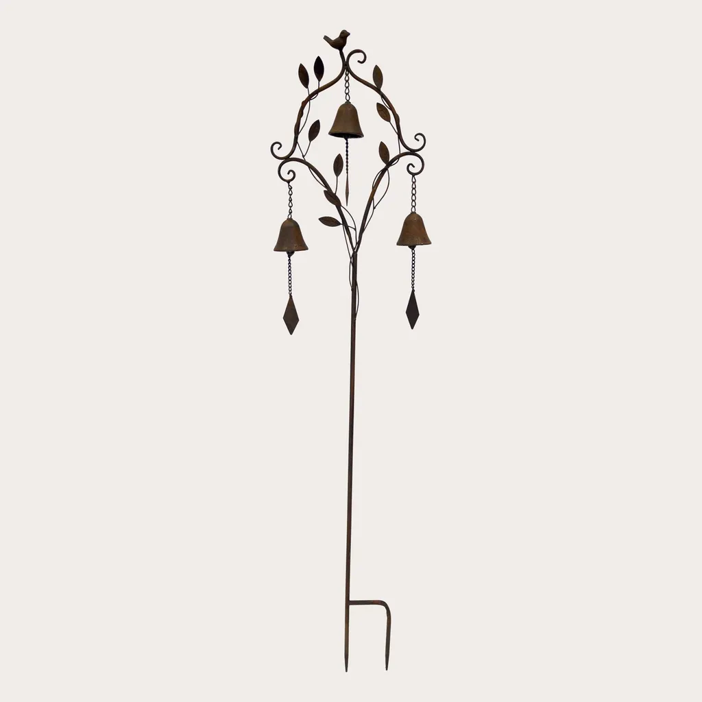 Décoration de jardin à piquer oiseau en fer brun et carillon cloche