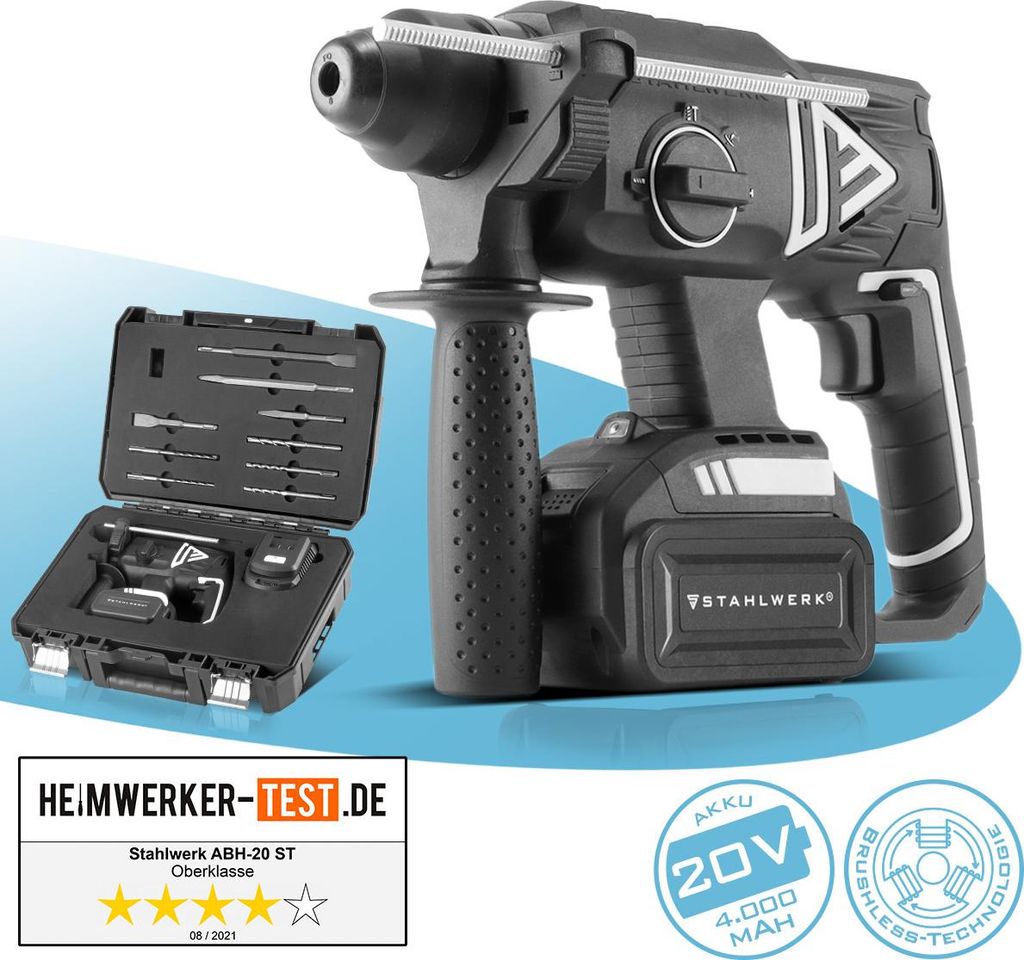 A black cordless rotary hammer drill with accessories in a case, presented with marketing elements.