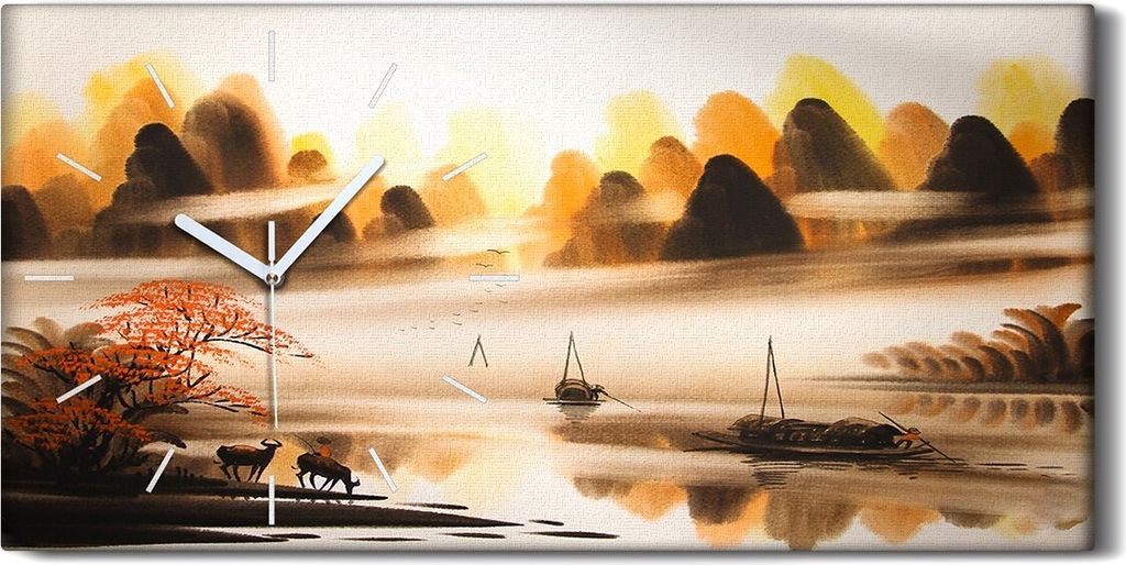 Wanduhr Uhr Wandbild Leinwand Geräuschlos 60x30 Chinesische Tinte Boote Kunst - weiße Hände