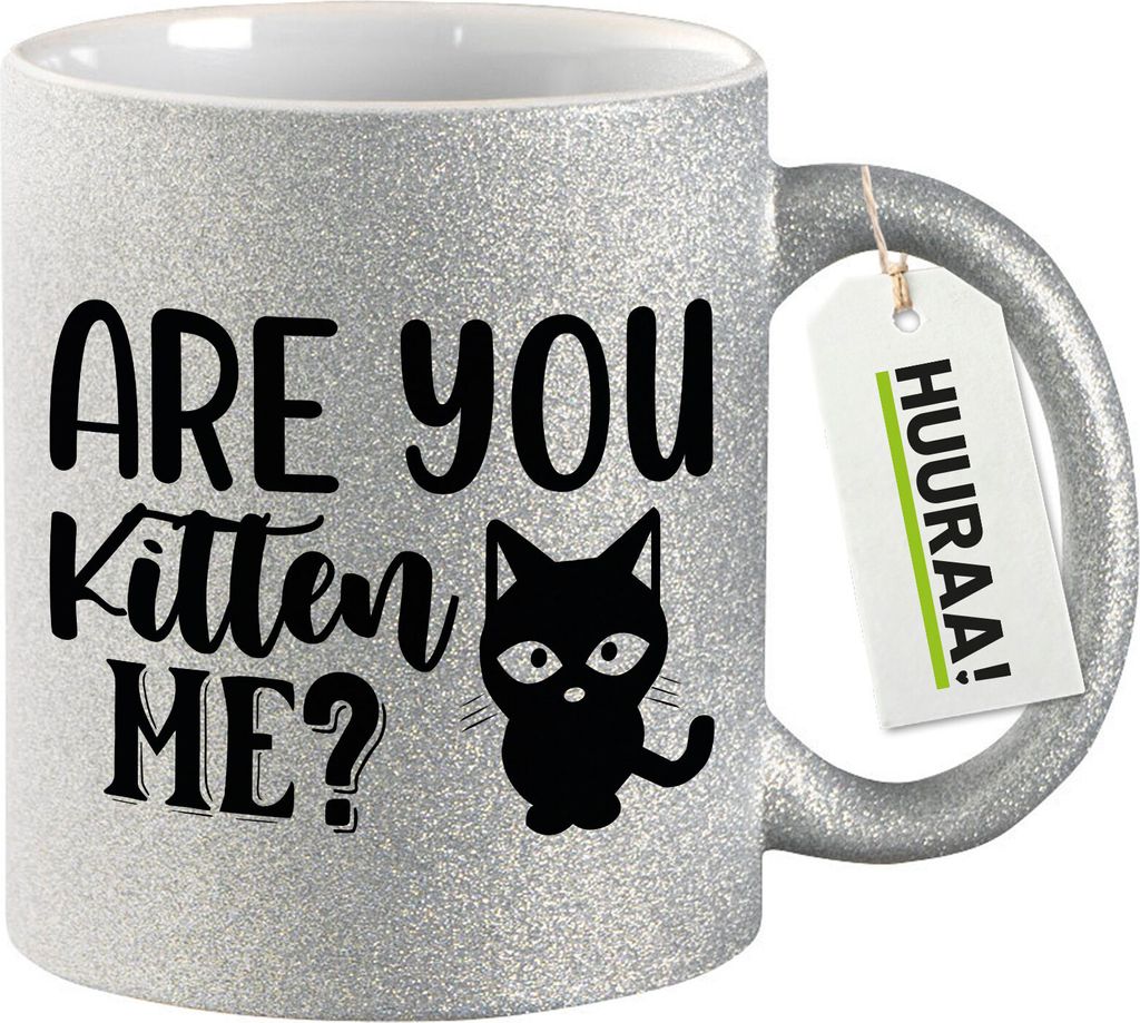 Huuraa Glitzertasse Are you kitten me Katze 330ml Silber Keramik Kaffeebecher Geschenkidee