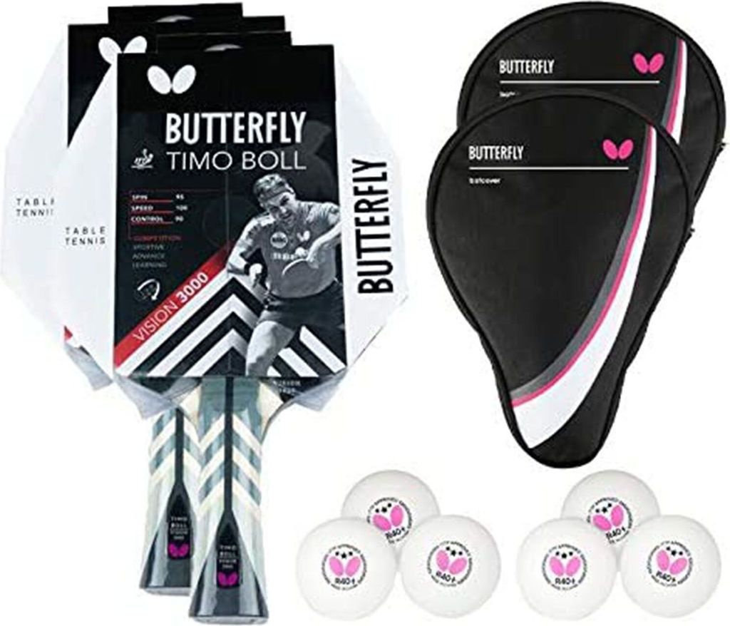 Butterfly 2x Timo Boll Vision 3000 Tischtennisschläger + 2x Tischtennishülle Drive Case + 6x 40+ 3*** Tischtennisbälle