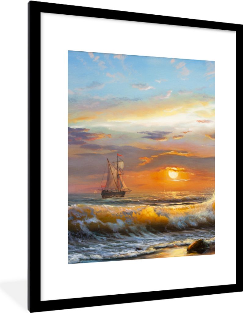 MuchoWow Gerahmtes Poster Malerei - Wasser - Segelboot - Ölfarbe 60x80 cm - Poster mit Schwarzem Bilderrahmen Wandposter Rahmen Foto Bilder - Wo...