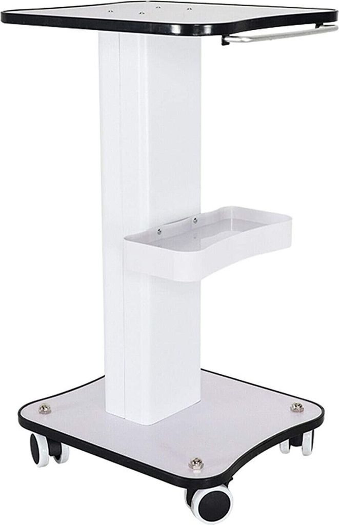 A white salon trolley with a black trim and wheels, shown from a front-side angle against a white background.