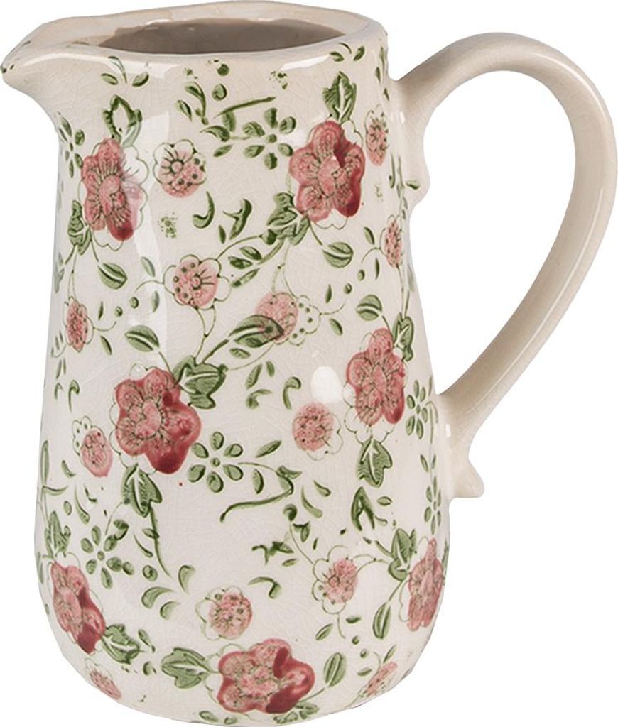 Clayre & Eef Dekorative Kanne 16x11x18 cm Rosa Beige Keramik Blumen