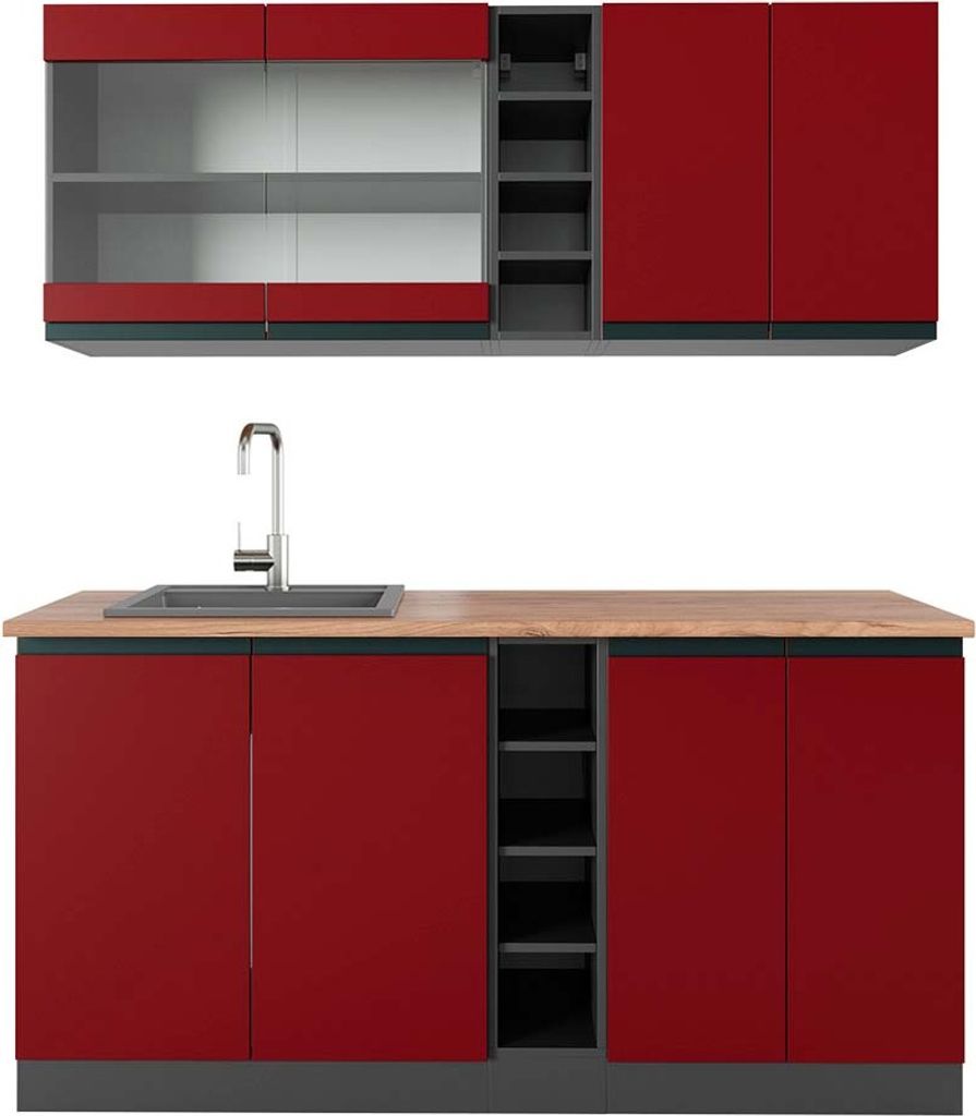 Singleküche Vicco R-Line Rot/Anthrazit 160 cm J-Shape, AP Eiche, Model 43272